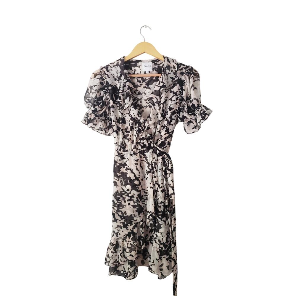 Misa Los Angeles Everly Puff Sleeve Floral Print Wrap Dress Black/White Size XS